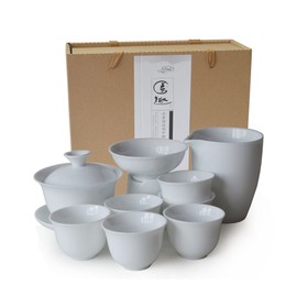 GDLK Chinese Gongfu Tea Gift Set, White Porcelain Gaiwan Fair Cups Filter with 6 cups for Tea Ceremony Party Home Office
