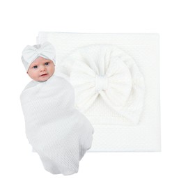 DDNFO Baby Swaddle Blanket and Hat Set for Boy Girl Newborn Baby Swaddle Wrap.(F177) (White)