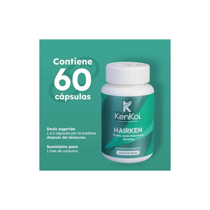 Biotina Ácido Hialurónico y Keratina Hairken 60 cápsulas toma para
