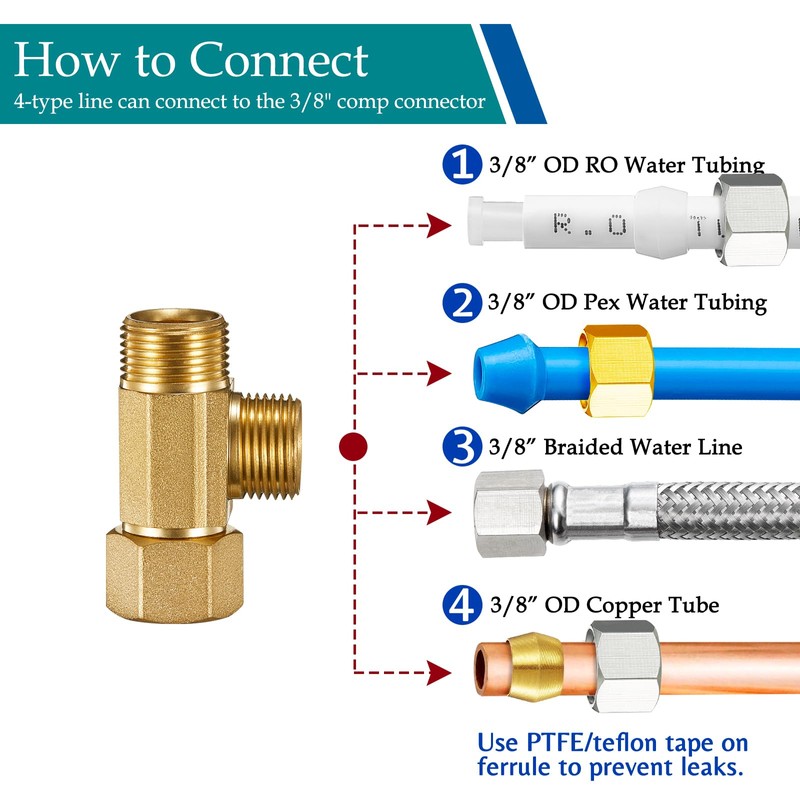 Water Line Adapter Splitter Tee Valve - Brass Dishwasher Toilet
