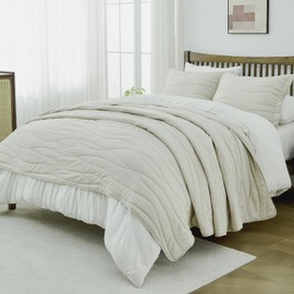 SOElinens Quilts Queen Size - Summer Lightweight Coolness Microfiber Queen Size Quilt Set, 3 Pieces Modern Style Wavy Line Embossed Pattern Bedspread Bedding Set for All Season, Frosty White