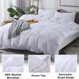 AveLom Seersucker Stripe Duvet Cover Full (80 x 90 Inches), 3 Pieces (1 Duvet Cover + 2 Pillow Cases) White Zipper Closure Corner Ties Soft Washed Microfiber Duvet Cover for Men,Women