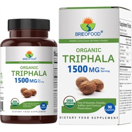 Brieofood Organic Triphala 1500mg, 45 Servings, Vegetarian, Gluten Free, 90 Vegetarian Tablets