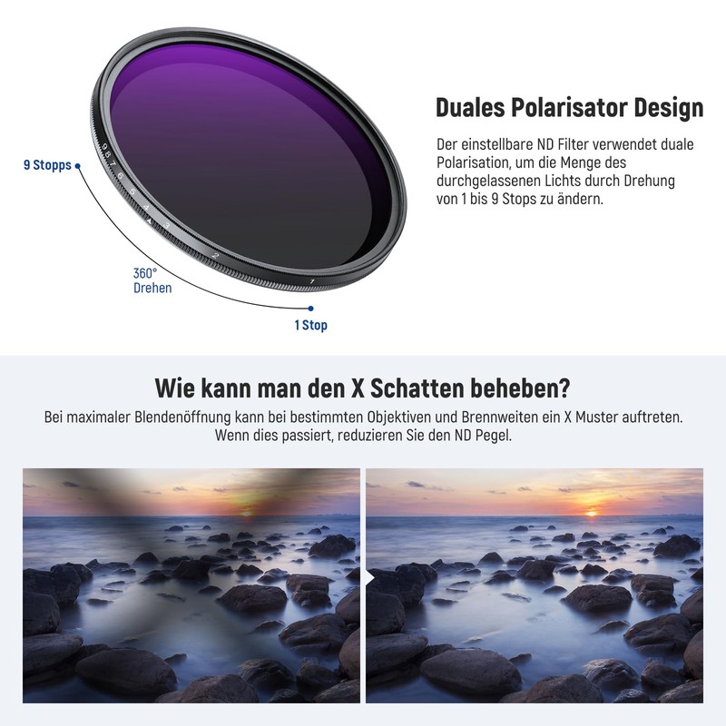 NEEWER 55 mm ND2-400 (1-9 aperture stops), variable ND filter