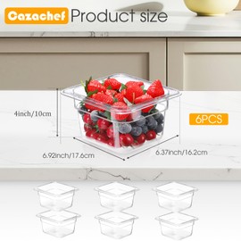 CAZACHEF 6 Pack Plastic Food Pan Clear 1/6 Size Polycarbonate Food Storage Containers Commercial Restaurant Hotel Pan for Fruits Vegetables Beans Salad, Stackable, NSF Listed（6 PCS, 4'' Deep）