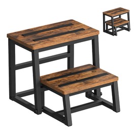 HOOBRO Step Stools for Kids, 3-in-1 Heavy Duty Sturdy Wooden Two Step stools, Metal Frame with Non-Slip Pads for Kitchen/Bathroom/High Beds, Rustic Brown and Black BF26JD01