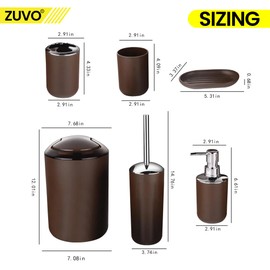 Bathroom Accessories Set 6 Piece -(Trashcan, Soap Dispenser, Toothbrush Holder, Soap Dish,Toilet Brush) for Decorative Countertop and Housewarming Gift (Brown)