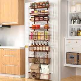 Moforoco Over The Door Pantry Organizer, Pantry Door Organizer Shelves, Kitchen Organizers and Storage, Hanging Basket Wall Spice Rack Seasoning Shelves, Laundry Room Bathroom accessories（Brown ）