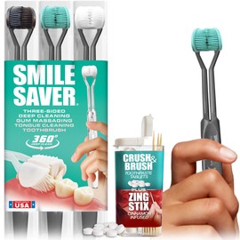 SMILE SAVER 360° Deep Clean 3-Sided Toothbrush 3PK + Toothpaste Tablets + Flavor Infused Toothpicks | Deep Cleaning + Gum Massage + Tongue Scraper (Black, Teal & White - Charcoal - Cinnamon)