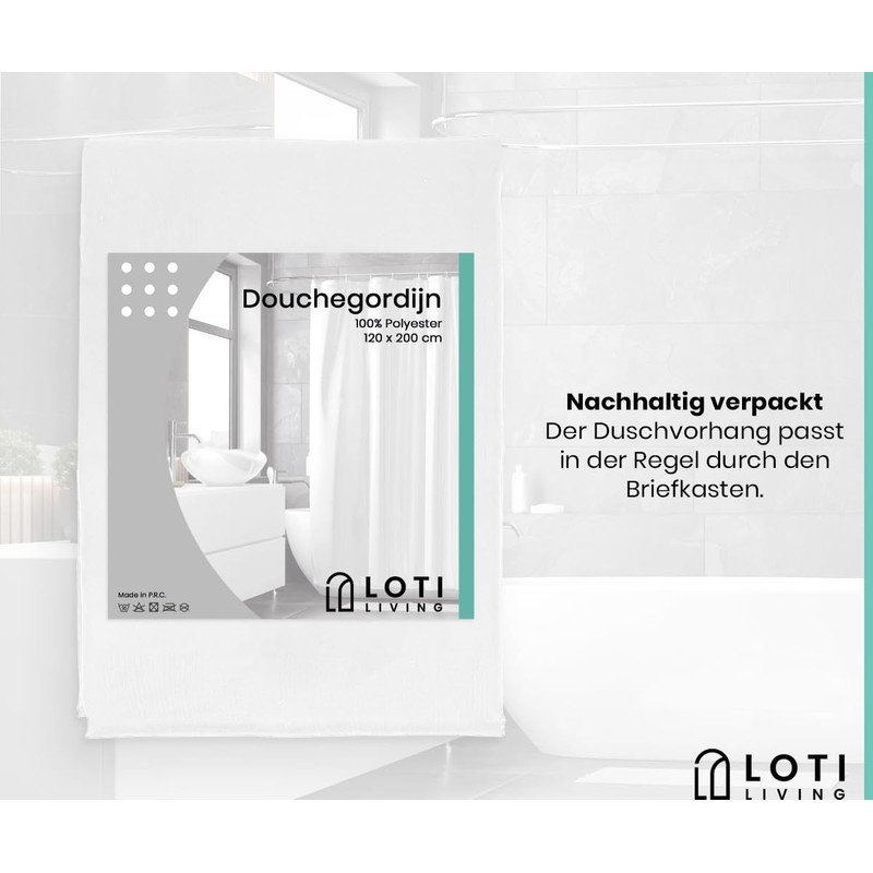 Loti Living Anti-Mould Shower Curtain, 120 x 200 cm, White,