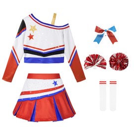 LOLANTA Children's Cheer Girl Costume, Dance, Girls, Cheerdance, Kids, Costume, Halloween, Cosplay, Pom Pom Socks, Hair Ribbon Included, Red, 160