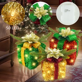 Caxchiling Christmas Lighted Gift Boxes 3 Pack Gift Boxes with 50 Led Lights Red Poinsettia Light Up Present Boxes Outdoor for Indoor Home Party Holiday Christmas Decor