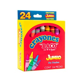 Baco | Crayón Escolar Redondo Tamaño Jumbo | Diseño Ergonómico para Niños, Colores Vivos y Duraderos, Ideal para Escritura y Dibujo en Escuela y Hogar (24 Crayones)