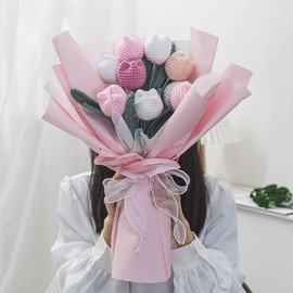 EHERDM Finished Artificial Knitted Tulip Bouquet Crocheted Tulips and Packaging Materials Faux Tulip Flowers Bundle Tulip Mixed Bouquet Eternal Flower Bouquet Gift for Girlfriends Mothers Pink