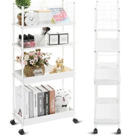 KINGRACK Slim Storage Cart, 4-Tier Metal Utility Rolling Cart with Wheels, Narrow Shelving Unit, Skinny Storage Rolling Organizer, Storage Trolley Cart for Office Kitchen Bathroom Narrow Place, White