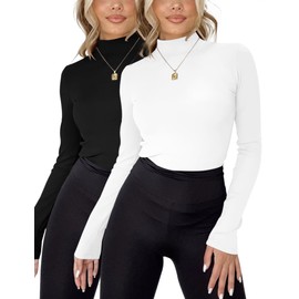 2 Pack Womens Tops Dressy Casual,Mock Turtleneck Basic Tops Long Sleeve Fitted Business T Shirts(Black/White,Large)