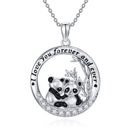 SILBAZ Double Pandas Necklace for Women Round Panda Pendant Necklace Love You Forever Panda Jewelry Gift for Girlfriend Wife