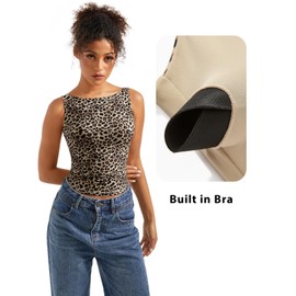 SUUKSESS Women Built in Bra Open Back Boat Neck Tank Tops Double Lined Backless Y2K Going Out Top Basic Shirt (Cheetah Print,S)