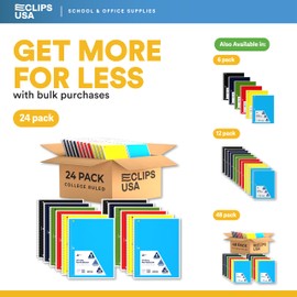 E-CLIPS USA Spiral Notebook, College Ruled Notebooks, 70 Sheets, Single Subject, Notebooks Bulk, 6 Color Assortment, 3 Hole Perforated Sheets (24, College Ruled)