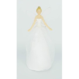 Gisela Graham by Silver Tree 7-inch Christmas Tree Topper Angel Fairy Resin Body with White Tulle Fabric with Snowflakes Also can be Used Table Top Decoration