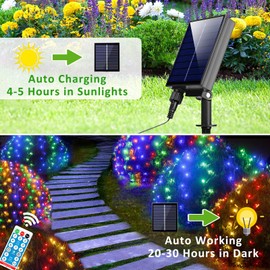 HEYCOLOR Solar Net Lights Outdoor, 240 LED USB Multicolor Mesh Lights for Bushes Waterproof, 11.5ft x 5ft 8 Modes Green Wire String Light with Remote Christmas Trees Patio Indoor Decor