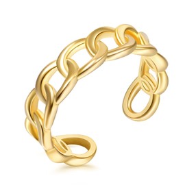 Chain Link Rings, Gold Plated Dainty Trendy Cuban Link Ring, Minimalist Figaro Link Ring, Personality Anchor Link Ring, Open Adjustable Size with Jewelry Box for Women Men Girls Boys. (Gold Cuban Link Ring)