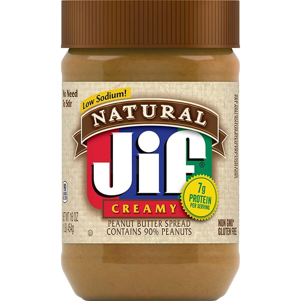 Jif Natural Creamy Peanut Butter, 16 Ounces (Pack of 12), 7g (7% DV) of Protein per Serving, Smooth, Creamy Texture, No Stir Natural Peanut Butter
