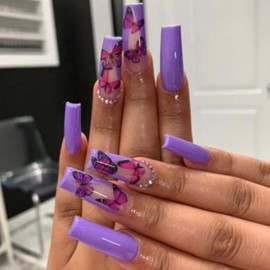 Hkanlre Purple Press on Nails Tips Long Coffin Fake Ballerina Nails French Crystal Butterfly Full Cover False Nails for Women and Girls 24PCS