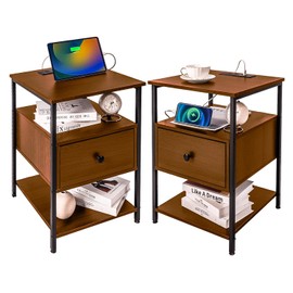 Our Modern Space Wooden Nightstand with Charging Station USB Port and Single Drawer | Bedside Table End Cabinet for Living Room Bedroom Dorm (2, Rustic Brown)