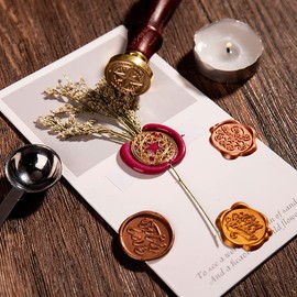 Wax Seal Stamp Gift Box Set, 6 Pcs Blessing Series Sealing Wax Stamps Copper Seals 1 Wooden Hilt, Wax Stamp Kit for Cards Envelopes, Gift Packaging (Phrases Series)