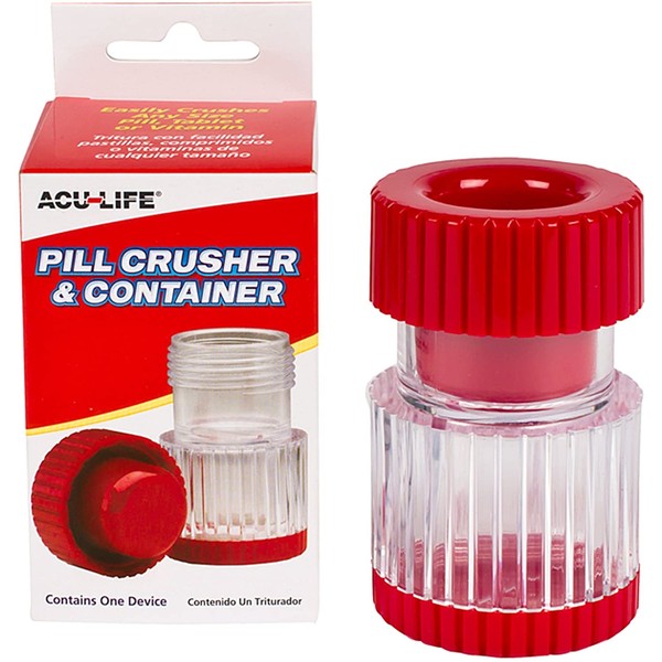 Acu-Life Pill Crusher and Grinder | Crushes Pills, Vitamins, Tablets | Stainless Steel Blade | Includes Storage Container | Transparent/Red