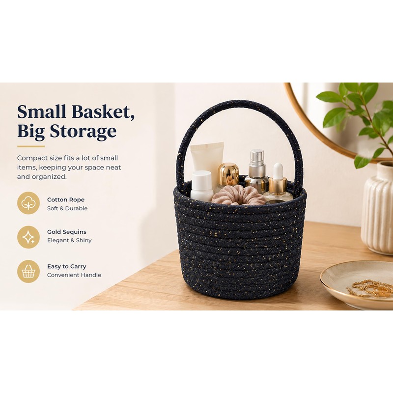 Prudance Small Woven Cotton Basket with Sparkly Gold Sequins, 6"x5",Black