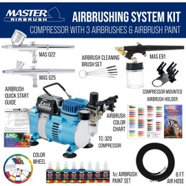 Master Airbrush Cool Runner II Air Brush Kit with Air Compressor Dual Fan, 3 Airbrushes, 6 Color Acrylic Paint Set, Hose, Brushes & Learning Guide Manual for Crafts, Auto, Tattoo & Model Painting