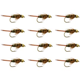 Prince Bead Head Nymph Fly Fishing Trout Flies - One Dozen Wet Flies - 4 Size Assortment 12,14,16,18 Plus Free Tapered Leader (14)