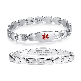 LinnaLove Medical alert Bracelet for Women-7 1/2 inches Fashion Double Heart Medical bracelets (silver, lymphedema alert)