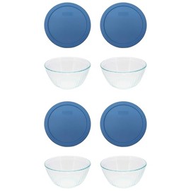 Pyrex 7402 6-Cup/1.5L Sculpted Glass Mixing Bowl and 7402-PC Blue Cornflower Lid (4-Pack) - Made in USA