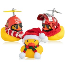 Haooryx 3Pcs Christmas Rubber Ducks Toys Car Ornaments Yellow Squeeze Duck Car Dashboard Decorations with Propeller Helmet Scarf Hat for Kids Christmas Winner Birthday Party Favor Goodie Bag Fillers
