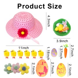 Easter Bonnet Kit - Easter Crafts for Kids, DIY Easter Hat Making Kit with Chicks, Feather, Carrots, Eggs, Nests, Flower, Easter Bonnet Decorations for Kids DIY Activity (Pink)