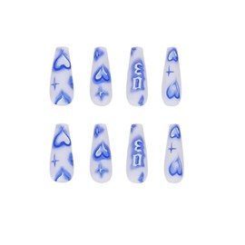 MERVF Long Press on Nails Coffin Fake Nails White Ballerina Acrylic Nails with Blue Heart Prints Designs Matte 24pcs False Nails for Women and Girls