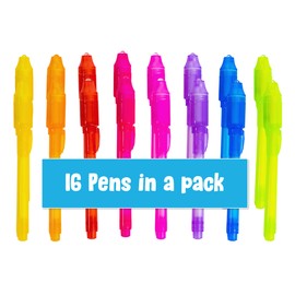 Toyseum 16 x Invisible Ink Pens With UV Light, Spy Pens for Writing Secret Messages, Fillers for Kids Party Bags, Magic UV Marker for Boys & Girls, Favours for Children's School Prizes, Pack of 16