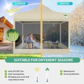 COBIZI Canopy Tent 10x10 Heavy Duty Pop up Canopy with Sidewalls, Easy Set up Outdoor Canopy with Mosquito Net Pop up Screen Tents for Parties, Screened in Canopy for Backyard with Handbag, Khaki