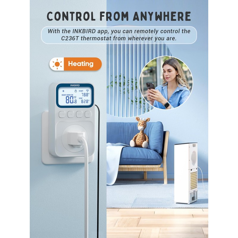 INKBIRD Plug in Thermostat WiFi 1800W 15A Heating Cooling Timer