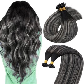 Sunny Hair Ktip Human Hair Extensions Ombre Black K Tip Hair Extensions Real Human Hair Black Roots to Silver Grey Balayage Remy Hair Easy to Curl 14inch 50g