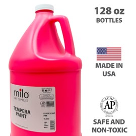milo Fluorescent Hot Pink Neon Tempera Paint | 128 oz Bottle, 1 Gallon | Glows UV in Black Light | Non-Toxic Made in USA | Washable Bulk Art Paint for Party, Student, Classroom, Artist