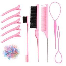 LLMSIX 7 Pcs Pink Hair Brush Set Bristle Hair Brush and Double Sided Hair Brush Topsy Hair Tail Tools Edge Control Brush Metal Pin Rat Tail Combs for Hair Styling for Woman Girls