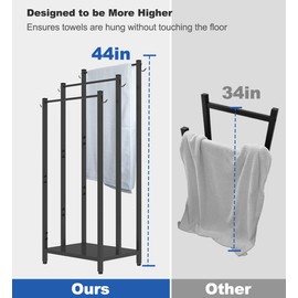AnBaiMei 44 Inch Tall Free Standing Towel Rack with Metal Storage Shelf & 6 Hooks for Bathroom, 3 Tiers Heavy Duty Blanket Drying Stand Holder for Outdoor Pool, Bedroom, Living Room, Black