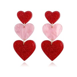 Three Love Heart Dangle Drop Earrings Unique Pink Red Heart Statement Earrings for Women Valentine’s Day Gift-Red