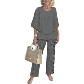 LOZ Women's 2 Piece Outfits Grey 3/4 Sleeve Double Layer Top and Striped Button Straight Leg Pants Lounge Set 2025 Trendy