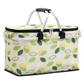 Picnic Bag Foldable Picnic Basket Insulated Comfortable Handle Ice Pockets Cooler Bag for Picnic Travel Camping Green Leaves