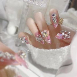 24pcs Nail Tips Ribbon Decoration Rhinestone Bijou Lovely Adult Women Pink Nail